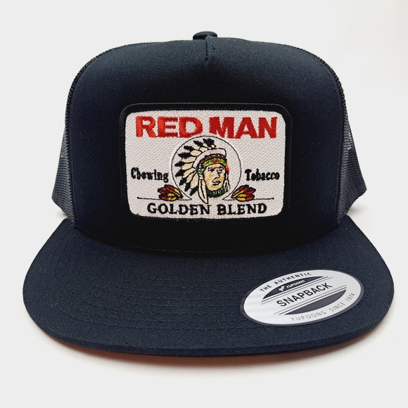 Red Man Tobacco Patch Flat Bill Mesh Trucker Snapback Hat Cap Black - Picture 2 of 4